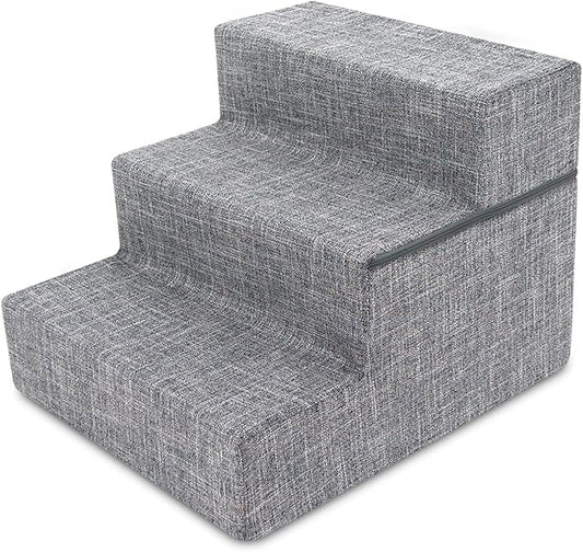 Best Pet Supplies Foldable Foam Pet Steps for Small Pets, Portable Ramp Stairs for Couch, Sofa, & High Bed Climbing, Non-Slip Balanced Indoor Step Support, Paw Safe - Ash Gray Linen, 3-Step