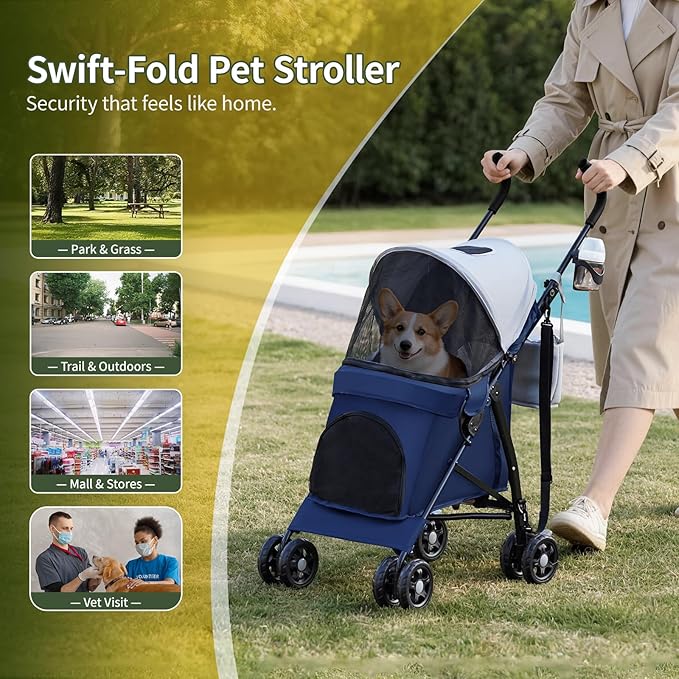 Lightweight 10 lbs Foldable Pet Stroller for Small Dogs & Cats, Easy-Fold Compact, with Adjustable Sun Canopy, Cup Holder, Breathable Mesh, Pad & Storage Bag, Holds 33 lbs, Blue