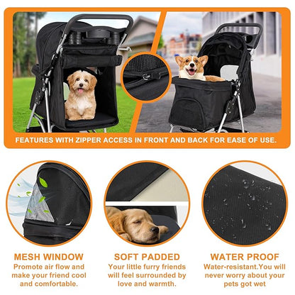 4 Wheels Pet Stroller Dog Cat Stroller for Small Medium Dog Cats Foldable Carrier Jogger Travel Puppy with Storage Basket and Cup Holder (Black)
