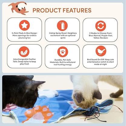 Interactive Cat Toy for Indoor Cats – Motion-Activated Hunting Toy | Interchangeable Tails & Bird Sound On/Off | Paw Paw by Jeanne