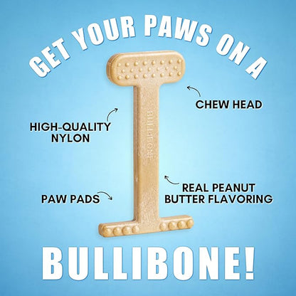 Bullibone Nylon Dog Chew Toy for Aggressive Chewers - Dental Hygiene Bone with Peanut Butter Flavor, Durable Tough Chew Toys for Large Dogs, Indestructible Dog Bone - Single