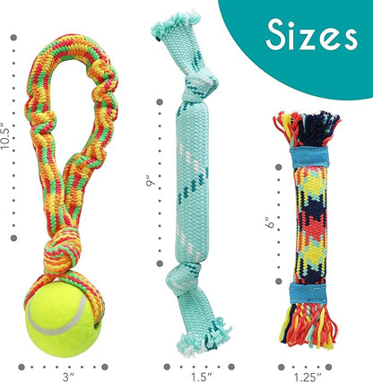 rocket & rex Dog Toy Set for Small to Medium Breeds, Includes Rope Toys with Rubber and Crackle Inside for Extra Chewing Fun and a Stretchy Tug of War Toy (Pack of 3)