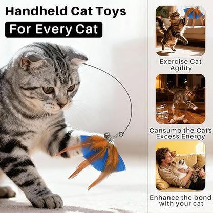 Walfront Interactive Cat Toy, Feather Wand with Replaceable Yellow & Orange Feathers, Handheld Cat Wand for Indoor Cats & Kittens, High-Engagement Play that Keeps Cats Excited, Active & Stress-Free