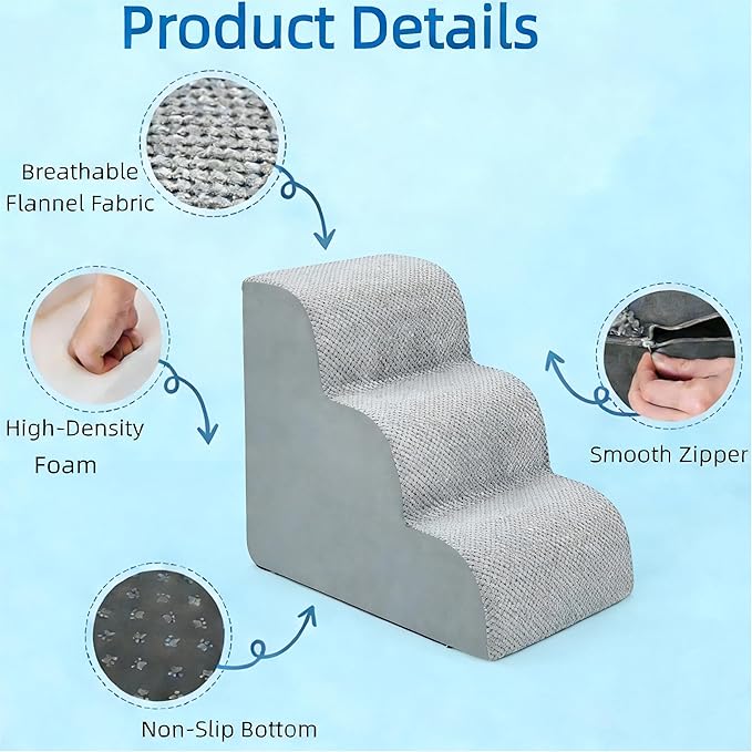 Simple Deluxe Dog Stairs for Small Dogs, 3-Step Curved Dog Step for Puppy, Older Cat, Medium Pet Ramp for Sofa, Couch or Chair, Indoor Non-Slip Pet Ladder with High Density Foam, Gray