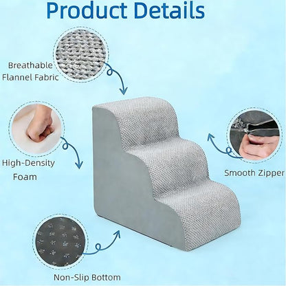 Simple Deluxe Dog Stairs for Small Dogs, 3-Step Curved Dog Step for Puppy, Older Cat, Medium Pet Ramp for Sofa, Couch or Chair, Indoor Non-Slip Pet Ladder with High Density Foam, Gray