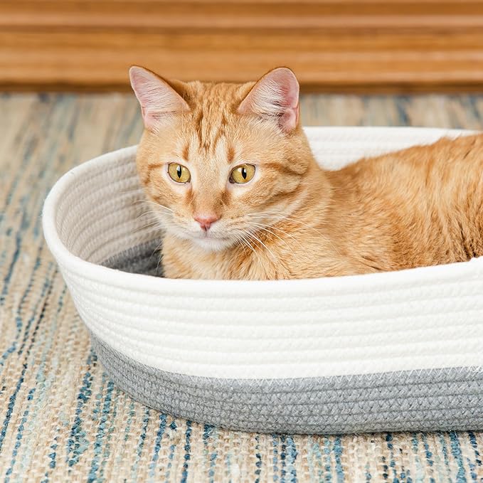Kitty City Woven Cat Bed with Removable Washable Cushion, Cozy Braided Rope Indoor Cat Bed with Natural Catnip, Warm Round Cat Bed for Small to Medium Cats, 14” x 19" - White/Grey