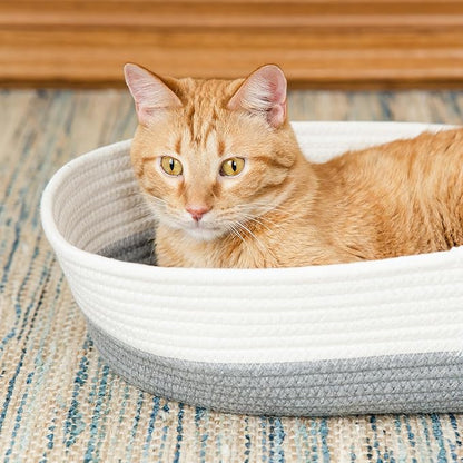Kitty City Woven Cat Bed with Removable Washable Cushion, Cozy Braided Rope Indoor Cat Bed with Natural Catnip, Warm Round Cat Bed for Small to Medium Cats, 14” x 19" - White/Grey