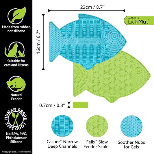 Lickimat Casper & Felix, Fish-Shaped Cat Slow Feeders Lick Mat, Boredom Anxiety Reducer; Perfect for Food, Treats and Anxiety Reduction. (Turquoise & Green)