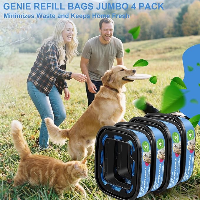 2 IN 1 Genie Refill Bags for Dog Cat 4 Pack - Total 112FT Lasts Up to 16 Months - Superior Odor Control for Dog Poop Cat Litter Bags - Pet Waste Refill Bags Fits Pet Genie and Litter Genie Pails