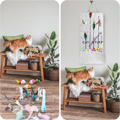 2 Pack Cat Wand Toy Storage Bag, Hanging Cat Teaser Holder for Neatly Organization, Durable Feather Pet Toy Organizer Bag with Handle for Indoor Pet Supplies, Feline Safety