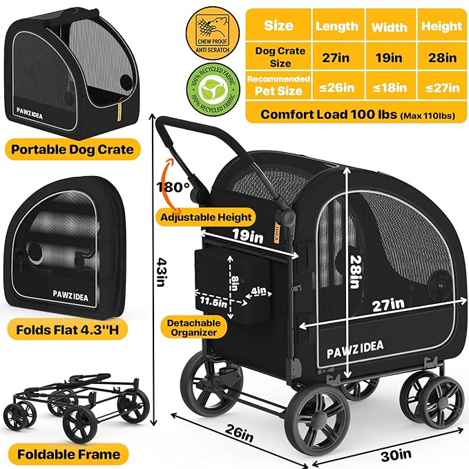 PAWZIDEA 3-in-1 Dog Stroller for Large Dogs with Detachable Carrier up to 100lb, 45% Extra Tall Dog Car Crate Sit Upright, Foldable Pet Stroller for 2 Medium Dogs All-Terrain Jogger, Adjustable Handle