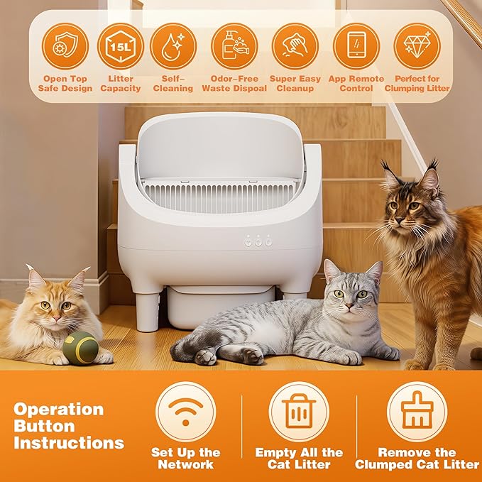 Greesum Self Cleaning Cat Litter Box – Automatic Open-Top Smart Litter Box with App Control, 15L Odor-Sealed Waste Bin, Ultra Quiet 35dB, Multi-Cat & Large Cat Compatible, with Trash Bags & Mat