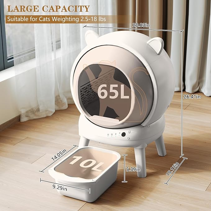 Self Cleaning Litter Box, Automatic Cat Litter Box for Multiple Cats, Auto Litter Box Robot with APP Control, Dual Safety Sensors, Odor Control&Low Noise, Cat Ears Design, Ivory White