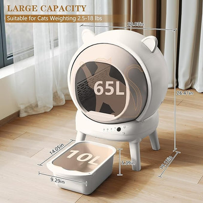 Self Cleaning Litter Box, Automatic Cat Litter Box for Multiple Cats, Auto Litter Box Robot with APP Control, Dual Safety Sensors, Odor Control&Low Noise, Cat Ears Design, Ivory White