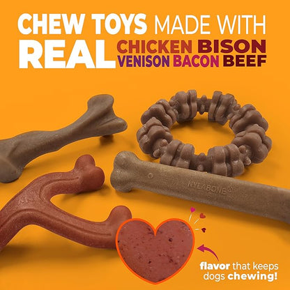 Nylabone Strong Chew Dog Toy 4-Pack Made with Real Bacon, Bison, Venison, Beef, & Chicken, Durable Chew Toys for Aggressive Chewers, Long Lasting Dog Bone, Large Breeds - Up to 50 lbs, 4 Count