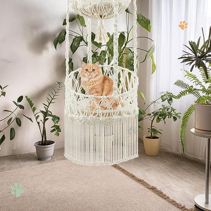 Double Deck Macrame Cat Hammock with Cushion Boho Hanging Bed Swing Cat Tree Door Hanger for Playing Sleeping Climbing and Lounging