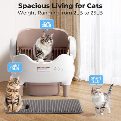 Self Cleaning Cat Litter Box: Automatic Cat Litter Box for Multiple Cats, Large Capacity with App Control, Safety Protection, Open-Top, Includes Waste Bags & Mat