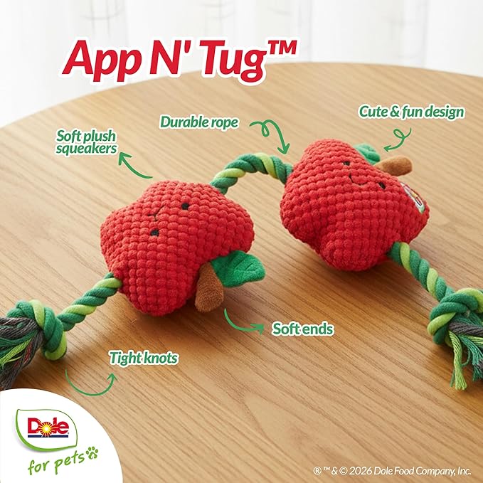 Dole for Pets® Dog Rope Toy with Squeakers, Apple Tug of War Dog Toy, Tough Cotton Rope Toys for Dogs, Aggressive Chew Toys for Large Dogs and Medium Dogs