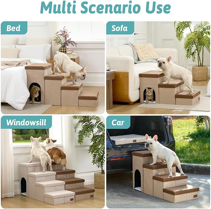 Dog Stairs with Storage, 4-Step Wider Sturdy Dog Steps for Small/Medium/Large Dogs and Older Cats, Doggie Ramp with Condo for Bed/Couch/Car Hold Up to 180 lbs (22.6" H, Brown)