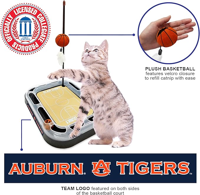 CAT Scratcher NCAA Auburn Tigers Basketball Court CAT Scratcher Toy with Catnip Filled Plush Basketball Toy & Feather Cat Toy Hanging, with Jingle Bell Interactive Ball Cat Chasing 5-in-1 Kitty Toy