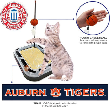 CAT Scratcher NCAA Auburn Tigers Basketball Court CAT Scratcher Toy with Catnip Filled Plush Basketball Toy & Feather Cat Toy Hanging, with Jingle Bell Interactive Ball Cat Chasing 5-in-1 Kitty Toy