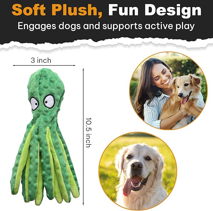 Squeaky Octopus Dog Toy – No Stuffing, Crinkle Sound Plush Chew Toy for Small and Medium Dogs – Durable and Machine Washable – 2 Pack (Orange & Green)
