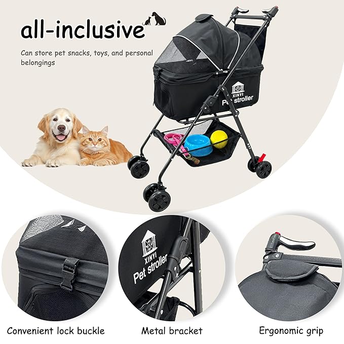 XL Extra-Large Pet Stroller, Running&Travel Pet Cart with Weather Cover, Cat&Dog Stroller for Large/Medium/Small Pets, Outdoor Pet Supplies 16.1"(D) 28"(W) 38.6"(H)