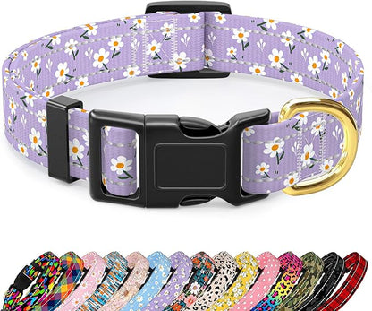Reflective Dog Collar for Extra Small Dogs, Cute Flower Theme Adjustable Heavy-Duty Nylon Puppy Collar for Boy and Girl Female, Soft Pet Accessories with Quick Release Buckle, Purple White