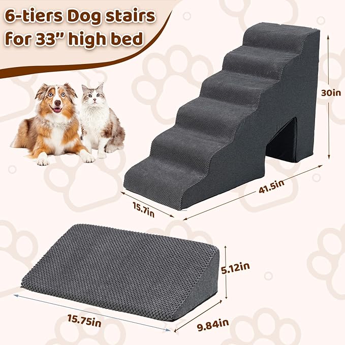 30 Inch Dog Stairs for High Bed, 6 Steps Memory Foam Pet Steps with 3 Ramps for Senior Dogs & Cats, Non-Slip Washable Pet Stairs for Couch Sofa Bed, Grey