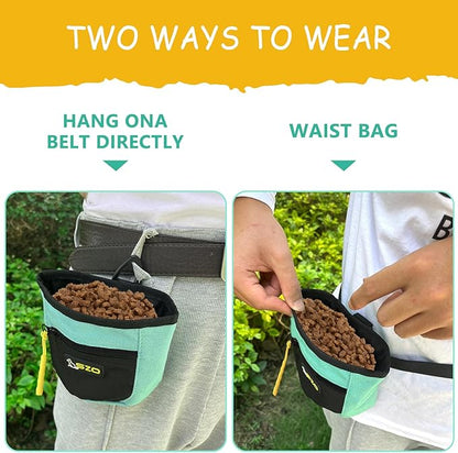 SZO Dog Treat Pouch with Pet Training Clicker, Dog Training Treat Pouch with Waist Belt Clip, Magnetic Closure, Hands-Free Training - Black&Green