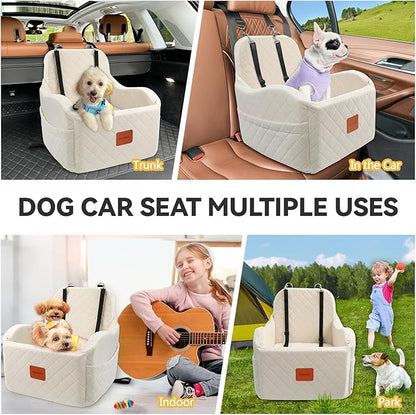 Dog Car Seats for Small Medium Dogs Up to 35lbs, Detachable Washable Soft Pet Booster Travel Bed for Front Seat with Safety Leash Belt (Beige, Medium)