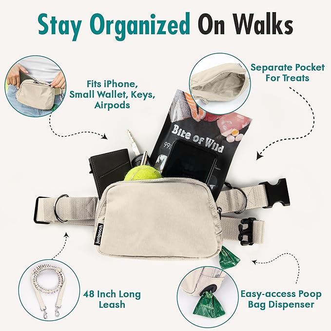 Hands Free Dog Leash with Dog Treat Pouch - Stylish & Trendy Waist Leash for Dog Walking - Wear Around the Waist or Crossbody - Durable & Detachable - Shock Absorbing - Waste Bag Dispenser