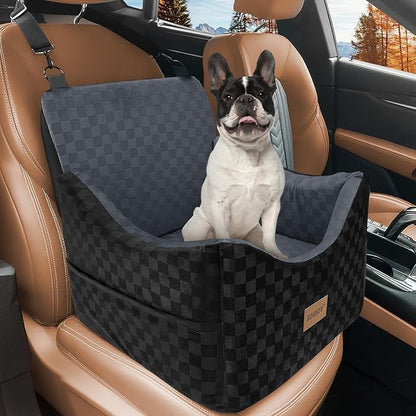 JOEJOY Elevated Dog Car Seat for Small/Medium Dogs up to 35 lbs, Memory Foam Booster Seat with Detachable Washable Cover, Travel-Safe Car Bed with Safety Belts & Storage Pockets, Dark Grey