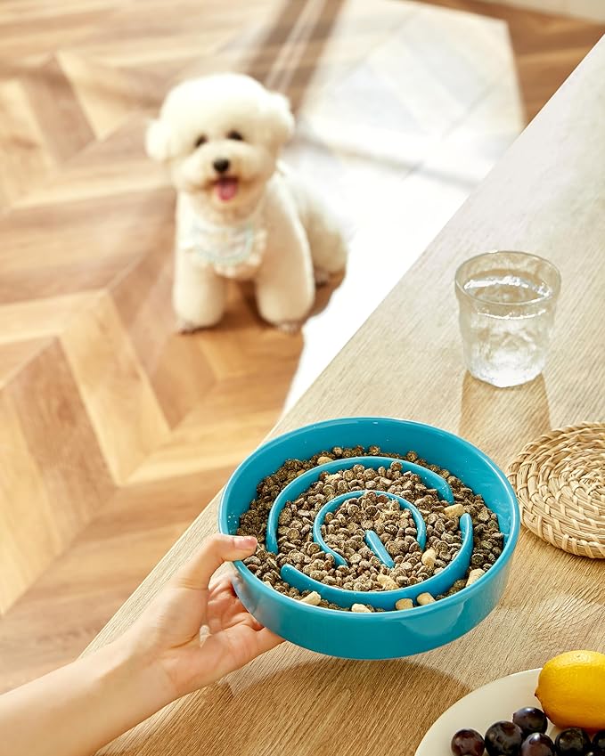 Ceramic Slow Feeder Dog Bowls, 2.0 Cups Slow Feeder for Medium Dogs, Puzzle Maze Bowl to Slow Down Eating, 30oz, 8in, Blue