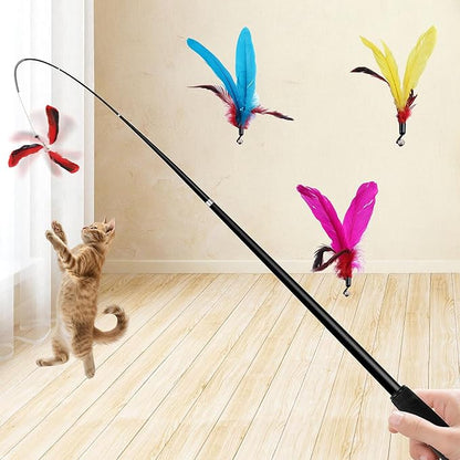 Hi Pets- Cat Wand with 4 pcs Natural Teaser Feathers, Interactive for Indoor Cats,1pc 72 in, Telescopic Cat Wand Long and Flexible, Interactive for Teaser Play and Chase Exercise with Kitten.
