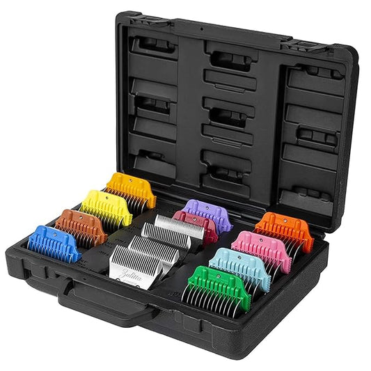 Professional Dog Grooming Case with 4 Wide Blades, 10 Colored Attachment Combs, and Storage
