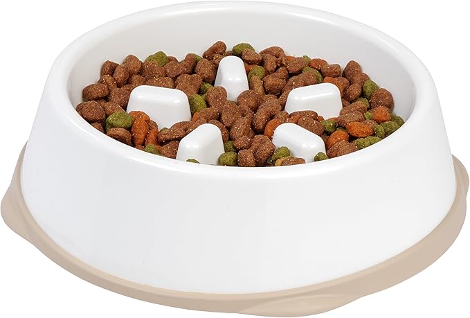 IRIS USA 4-Cup Slow Feeder Bowl, Anti-Choking & Anti-Slip Puzzle Dish for Healthy Digestion, Long Snout Dogs & Cats, BPA & PVC-Free, White/Beige