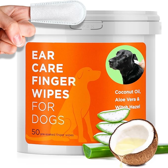 Dog Ear Cleaner Wipes - Vet Formulated Cleanser for Dogs - Ear Itching, Dissolves Wax, Dirt & Odor with Coconut Oil & Aloe Vera (50 Finger Wipes)