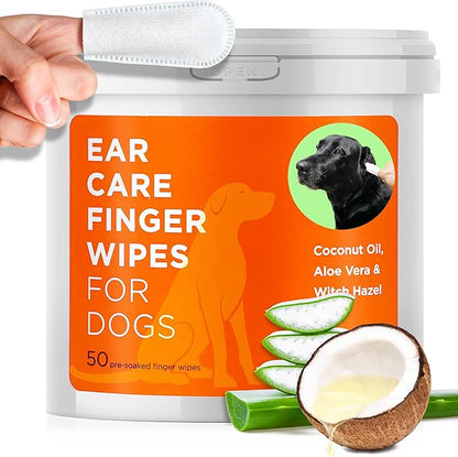 Dog Ear Cleaner Wipes - Vet Formulated Cleanser for Dogs - Ear Itching, Dissolves Wax, Dirt & Odor with Coconut Oil & Aloe Vera (50 Finger Wipes)