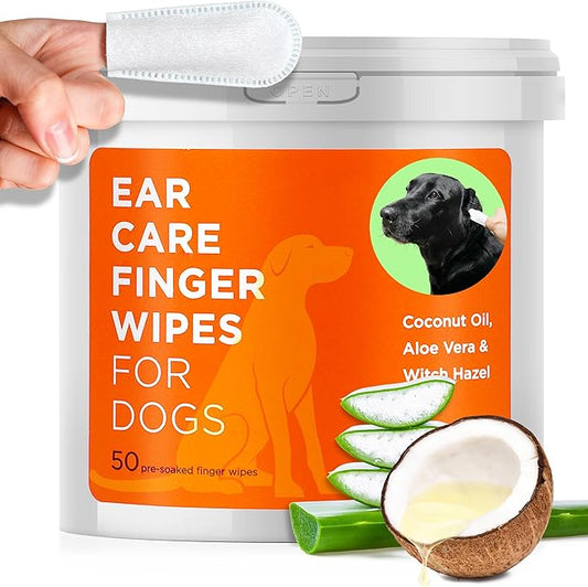 Dog Ear Cleaner Wipes - Vet Formulated Cleanser for Dogs - Ear Itching, Dissolves Wax, Dirt & Odor with Coconut Oil & Aloe Vera (50 Finger Wipes)