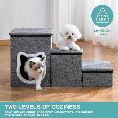 Dog Stairs for Small Dogs, 3-Step Non-Slip Pet Stairs for Cats, Small Dog Steps with Storage and Condo, Indoor Cat Steps for Older Cats, Arthritis-Friendly, Grey