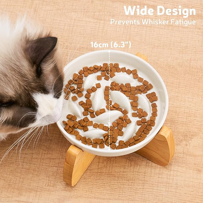 Raised Slow Feeder Cat Bowl with Stand, 6.3'' Wide Ceramic Elevated Shallow Slow Eating Cat Bowl for Dry/Wet Food, Anti-Vomiting Pet Puzzle Feeder, Whisker Friendly, Dishwasher Safe (White)