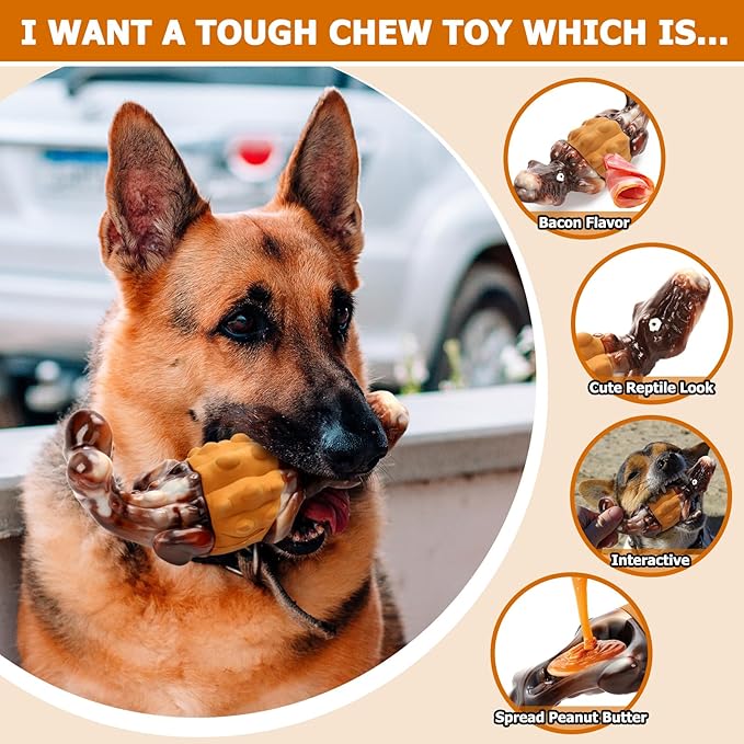 Indestructible Dog Chew Toys for Aggressive Chewers - Durable Rubber Bacon-Flavored Toy to Keep Them Busy(Large/Medium Breeds)