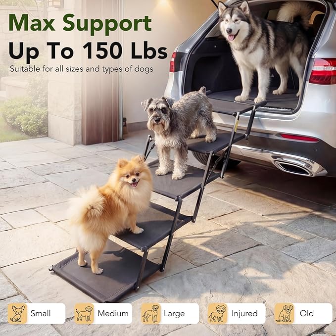 Extra Wide Dog Stairs for Car, Foldable Pet Steps for Large Dogs with Non Slip Surface, Dog Ramp for Truck and SUV, Portable Pet Stairs Supports Up to 150 Lbs (5 Steps)