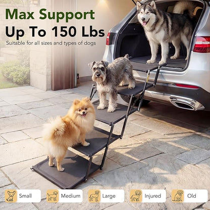 Extra Wide Dog Stairs for Car, Foldable Pet Steps for Large Dogs with Non Slip Surface, Dog Ramp for Truck and SUV, Portable Pet Stairs Supports Up to 150 Lbs (5 Steps)
