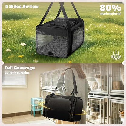 Top and 2 Sides Expandable Cat Carrier 18x11x11, TSA Airline Approved Dog Carriers for Small Dogs, Soft-Sided Pet Carrier with Self-Locking Zippers for Kitten,Rabbit, Puppy, Guinea Pig Black