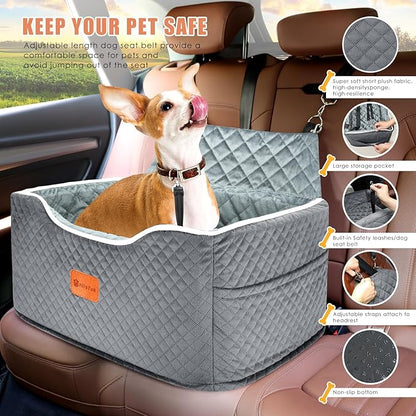 AlfaTok Memory Foam Booster Dog Car Seat for Medium Dogs Under 45 LBS, Elevated Pet Car Seat with Detachable Washable Cover, Anti-Slip Sturdy Dog Booster Seat with Seat Belt for Back Seat Travel