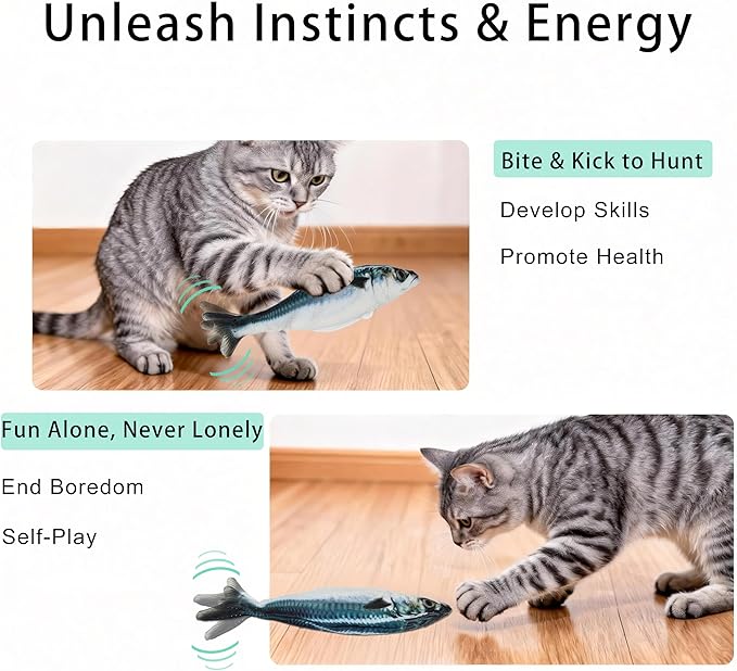 Realistic Floppy Fish Cat Toys, 3 Pack Mini-Sized, Moving Cat Toy Flopping Fish for Indoor Kitten, Sardine/Saury/Bass Interactive Cat Toys, Touch Activated, Rechargeable.