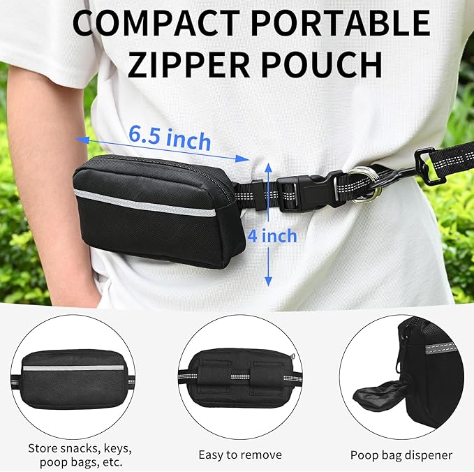 Hands Free Dog Leash with Zipper Pouch, Retractable Bungee Waist Leash with Dual Padded Handles & Waist Belt Fanny Pack for Medium & Large Dog Training Walking Running Hiking Jogging (Blue)