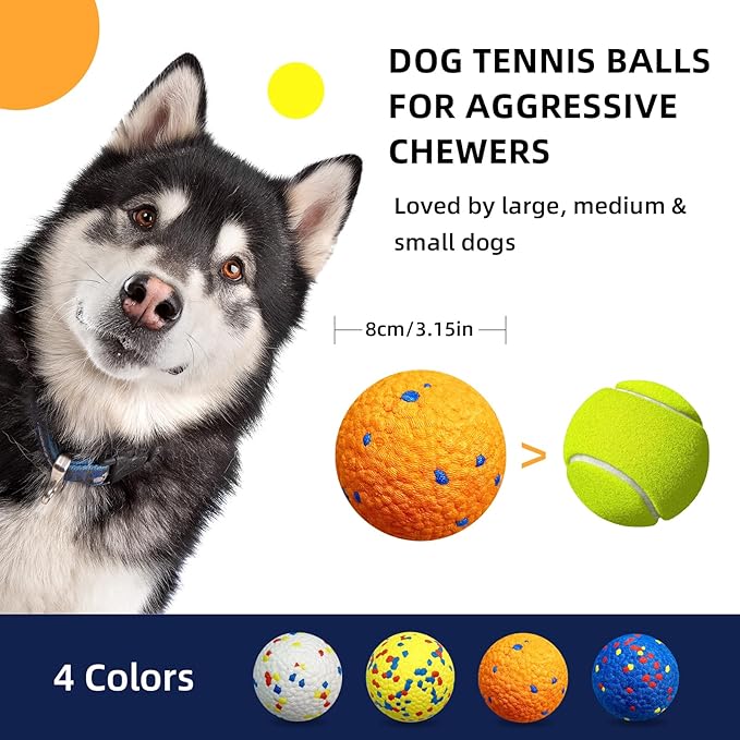 4 Pcs Large size Dog Balls, 3.15"Tennis Ball for Aggressive Chewers, Durable Bouncy Dog Toy Balls, Teething Cleaning Chew Toys, Water Toy Fetch Ball for Large Medium Dog, More Biting-Proof Atom